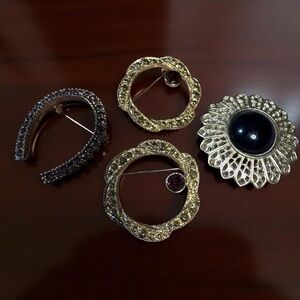 Vintage Statement Brooch Lot – Gold & Silver-Tone with Gem Accents (Set of 4)